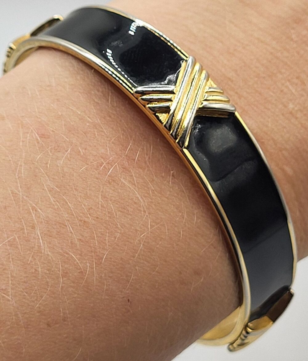 Monet Black Enamel Bangle Bracelet Gold Tone X Design Slip On Singed Vintage L